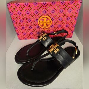 Tory Burch Black Everly Sandal Calf Leather with Gold Logo